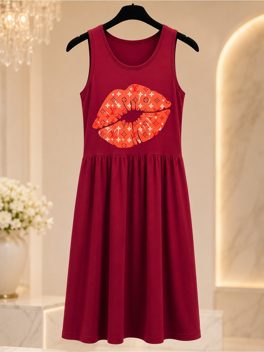 Sleeveless Burgundy Dress with Orange Lip Print